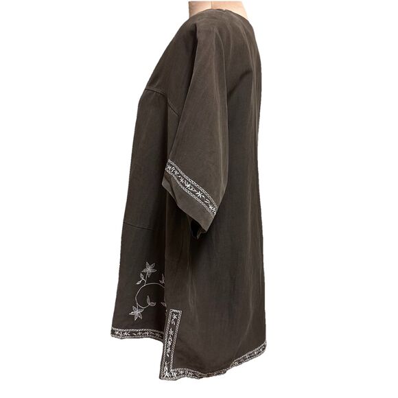 dressbarn Women Button Up Shirt Size 20W Brown Silk Linen Floral Embroidery Boho - Picture 4 of 13
